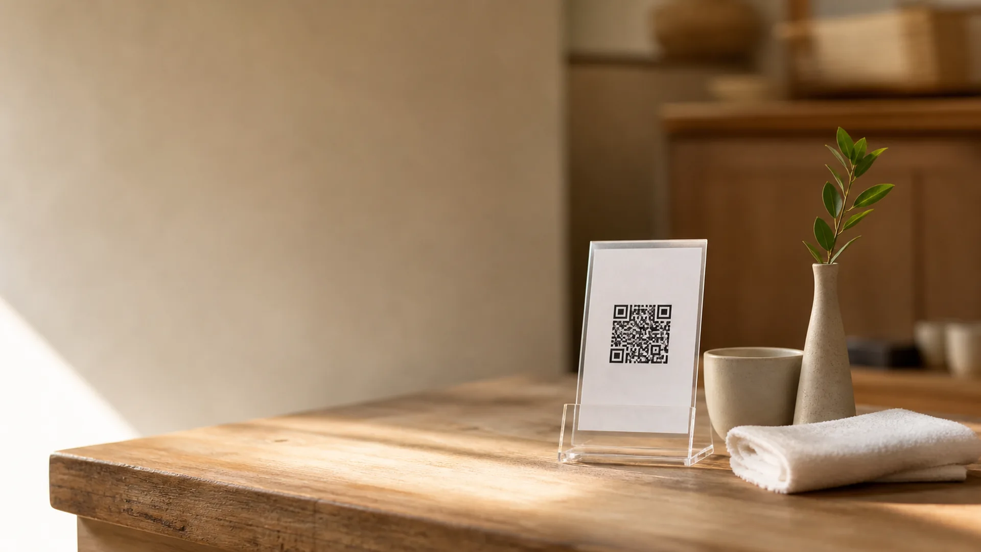 木のカウンターに置かれた QR のスタンドと、花瓶と湯のみ。
